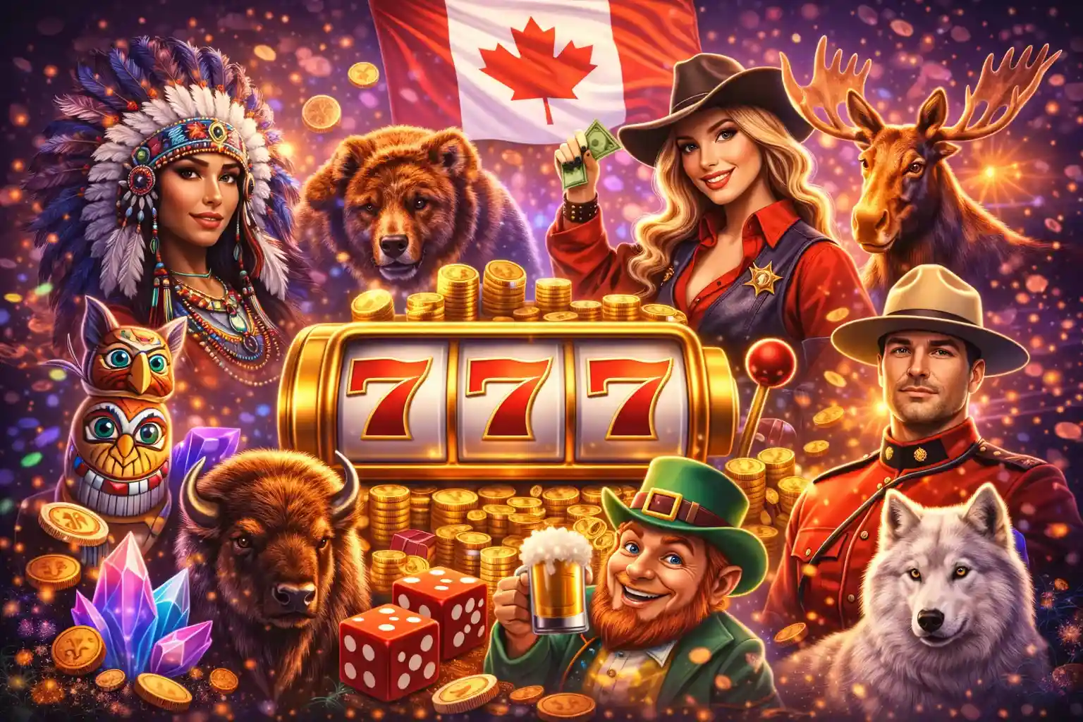 Online casino homepage with jackpot slots, Canadian theme, and luxury gaming atmosphere